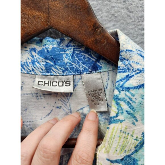 Chicos Womens Abstract Blue Button-Front Jacket 3/4 Sleeve Size 1 Cotton Blend - Picture 2 of 5